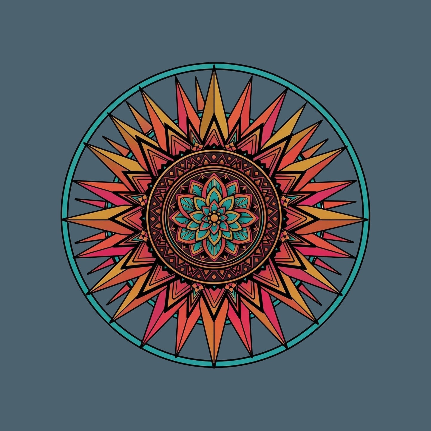 Close-up of the Sunset Mandala design on a Heather Slate tee