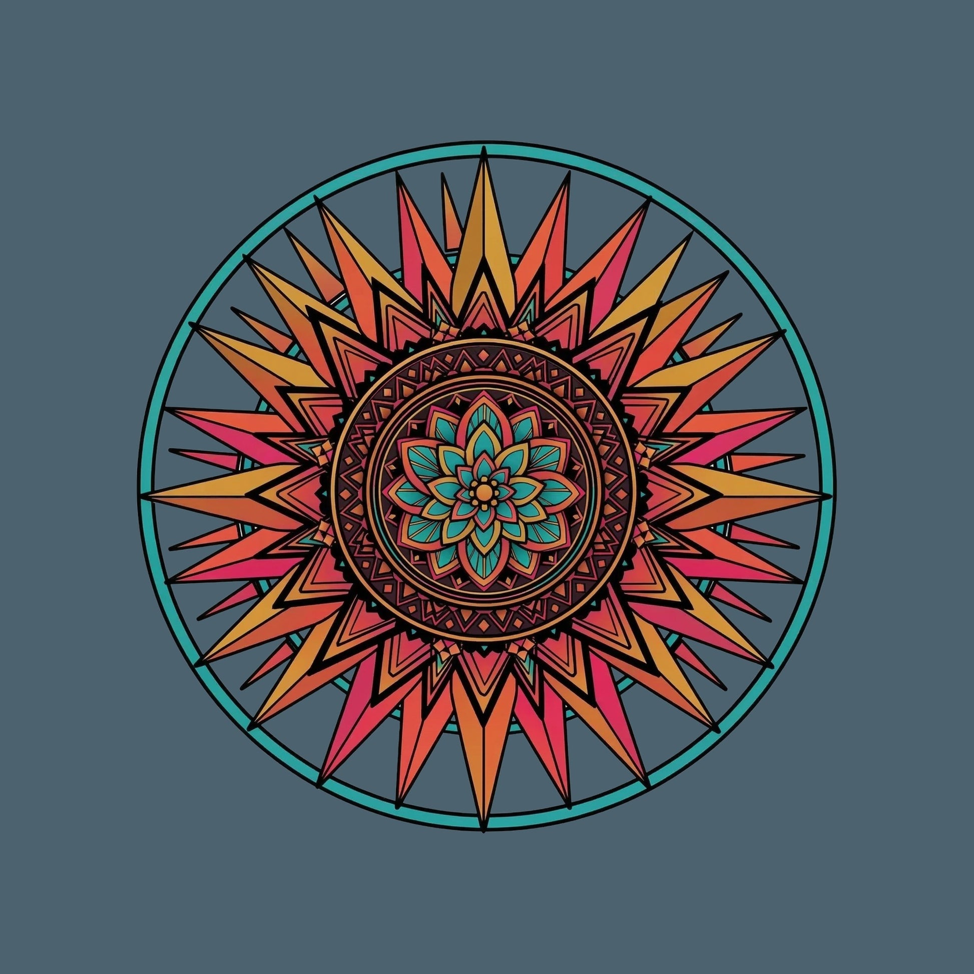 Close-up of the Sunset Mandala design on a Heather Slate tee