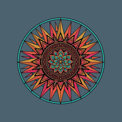Close-up of the Sunset Mandala design on a Heather Slate tee