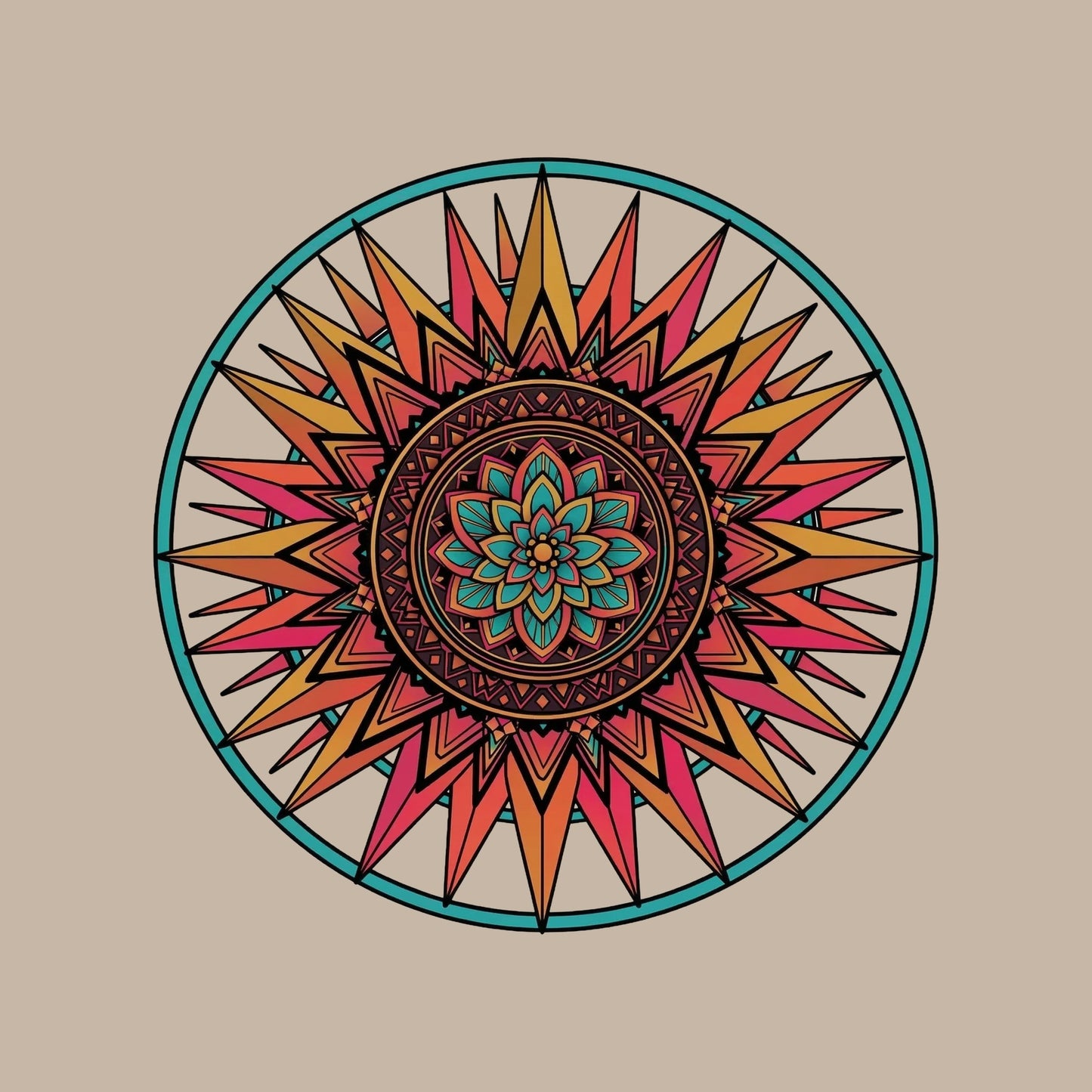 Close-up of the Teal Ring Sunset Mandala design on a Heather Stone tee