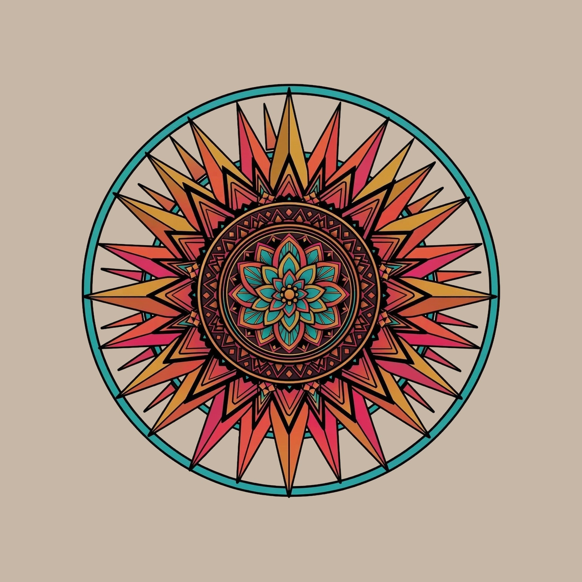Close-up of the Teal Ring Sunset Mandala design on a Heather Stone tee
