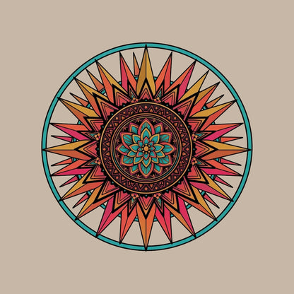 Close-up of the Teal Ring Sunset Mandala design on a Heather Stone tee
