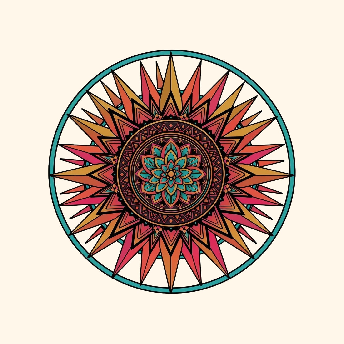Close-up of the Teal Ring Sunset Mandala design on a Natural tee