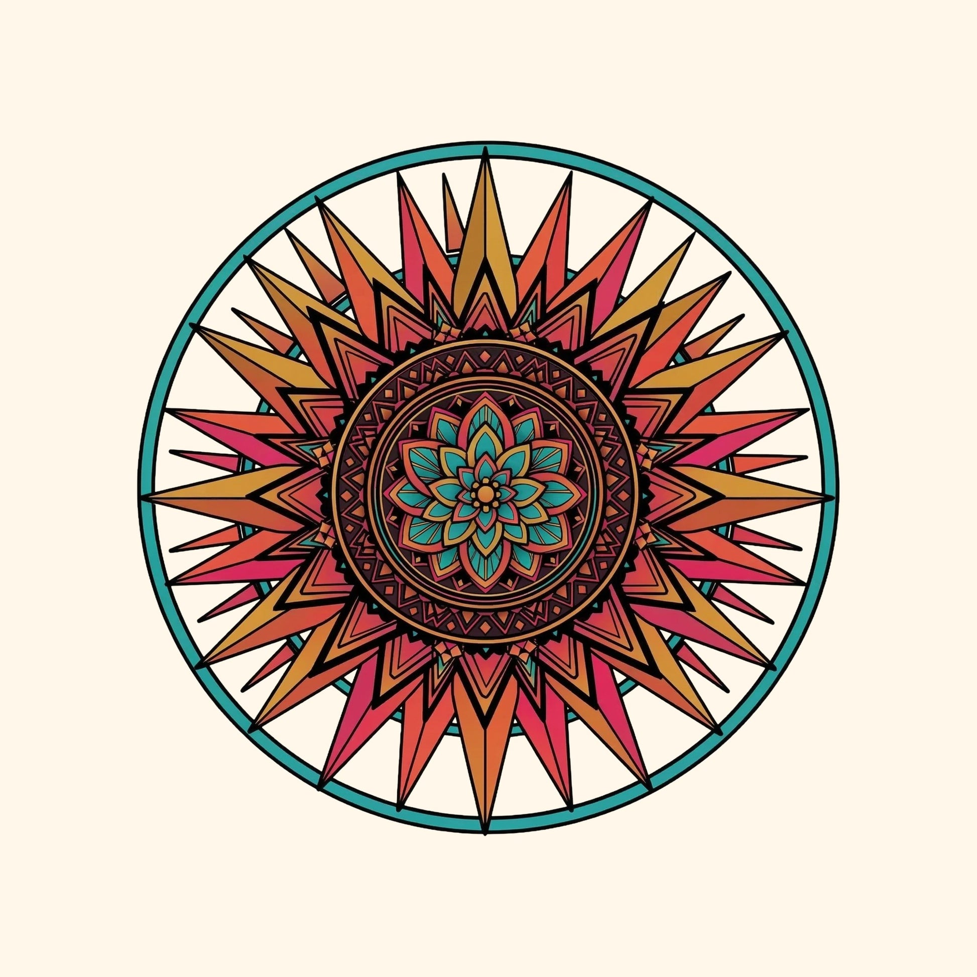 Close-up of the Teal Ring Sunset Mandala design on a Natural tee