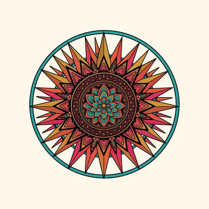 Close-up of the Teal Ring Sunset Mandala design on a Natural tee