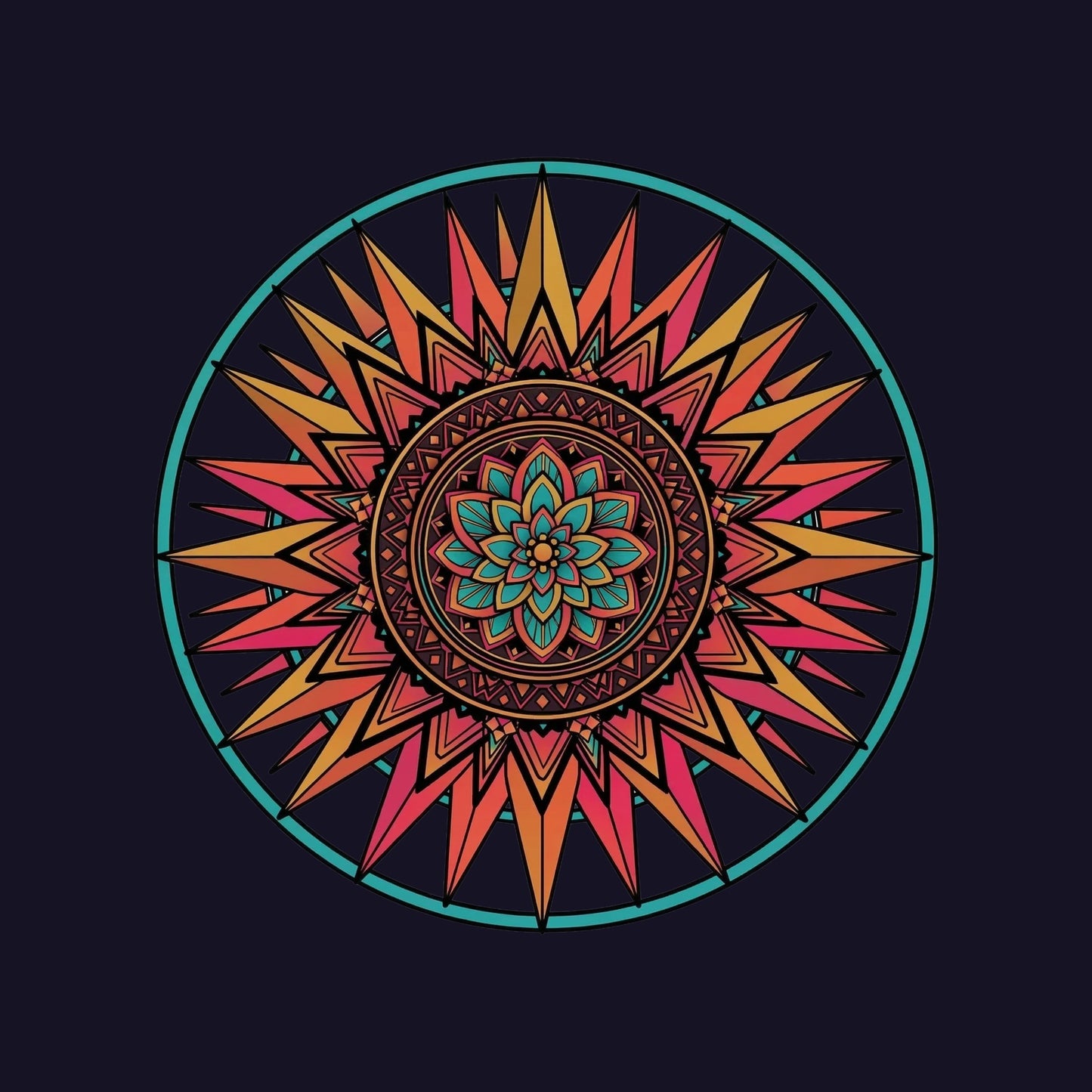 Close-up of the Teal Ring Sunset Mandala design on a Navy tee