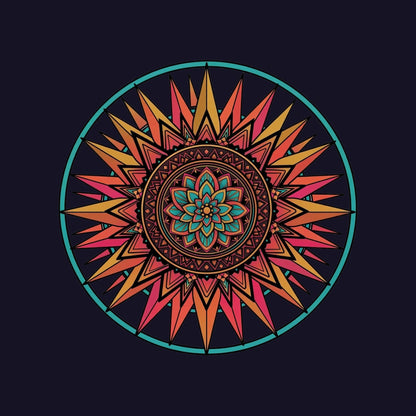 Close-up of the Teal Ring Sunset Mandala design on a Navy tee