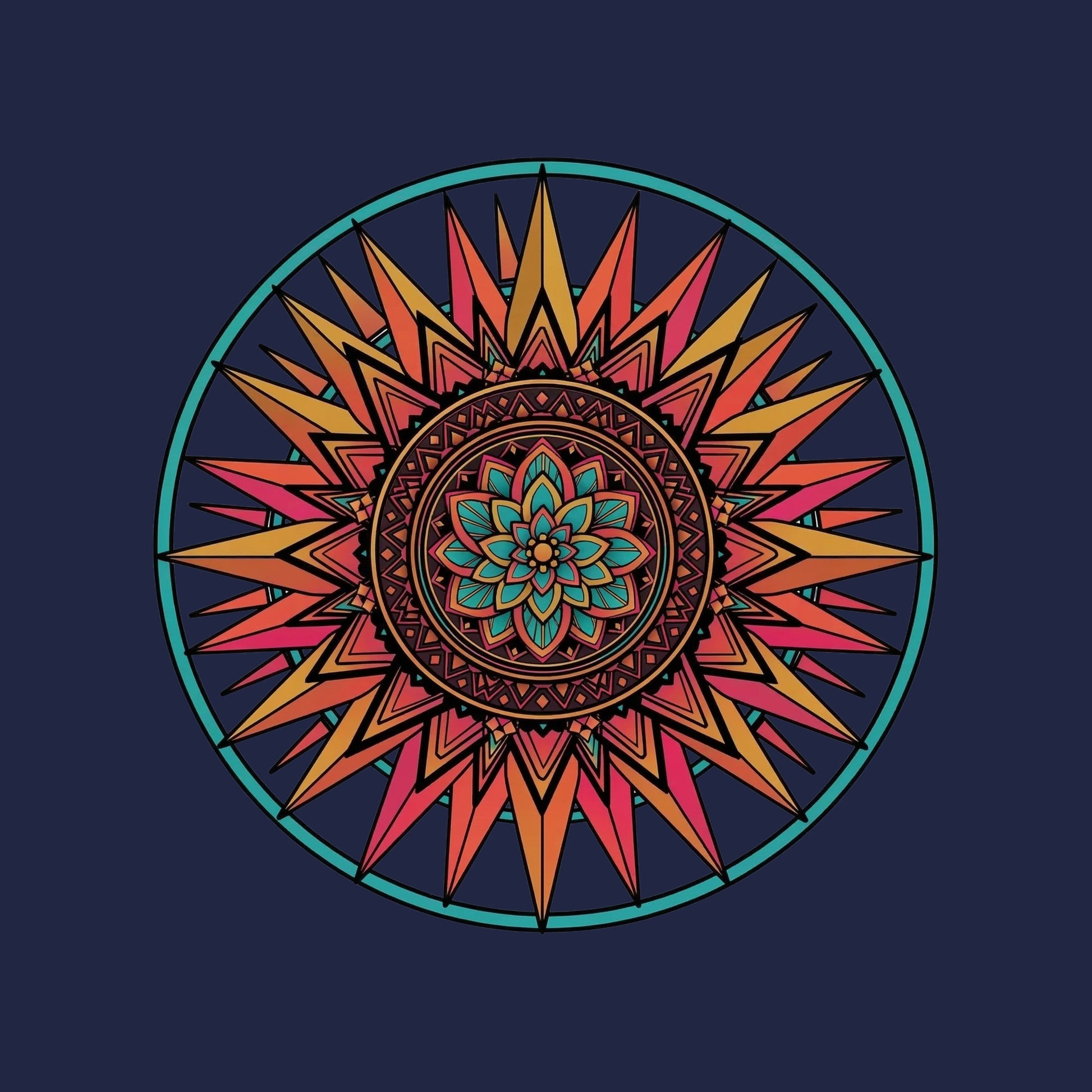 Close-up of the Sunset Mandala design on a Navy tee
