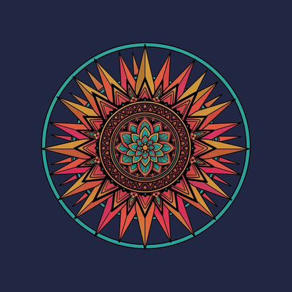 Close-up of the Sunset Mandala design on a Navy tee