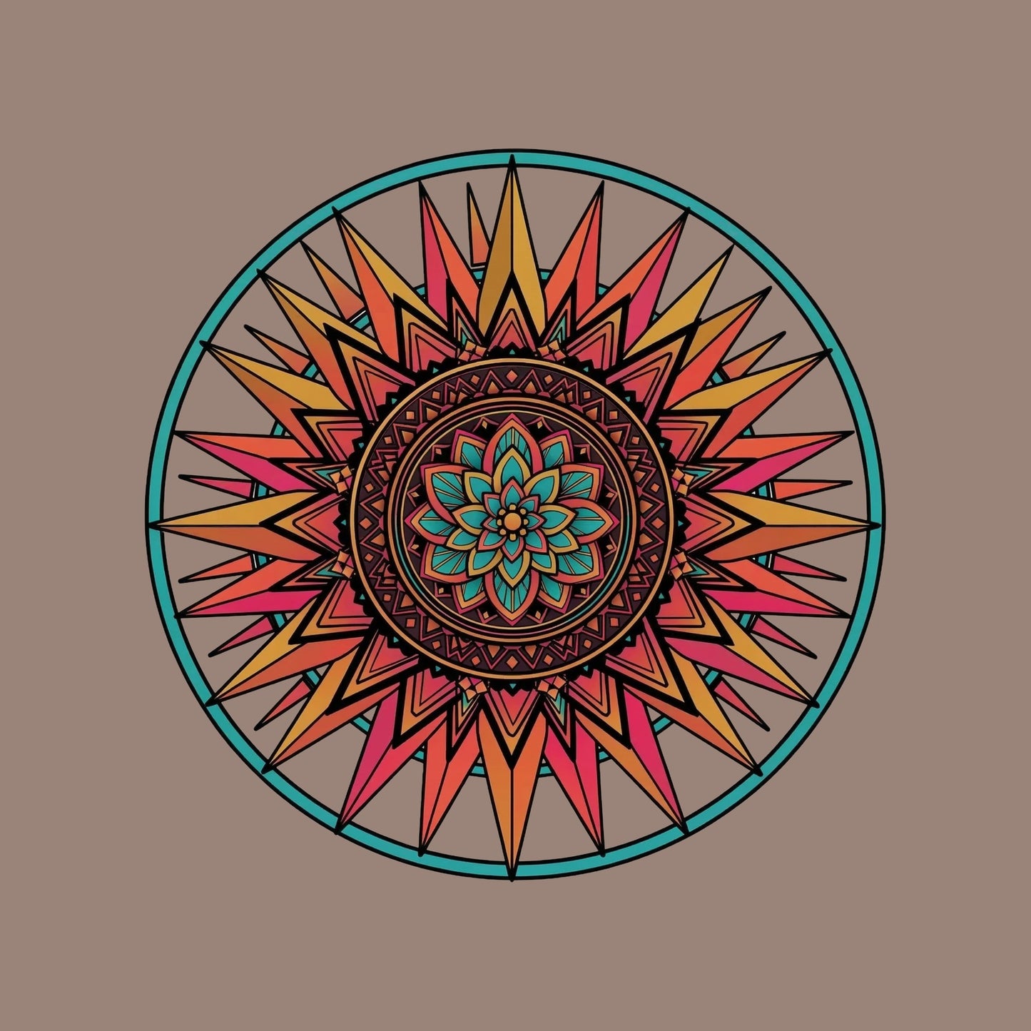 Close-up of the Sunset Mandala design on a Pebble tee