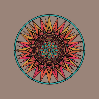 Close-up of the Sunset Mandala design on a Pebble tee