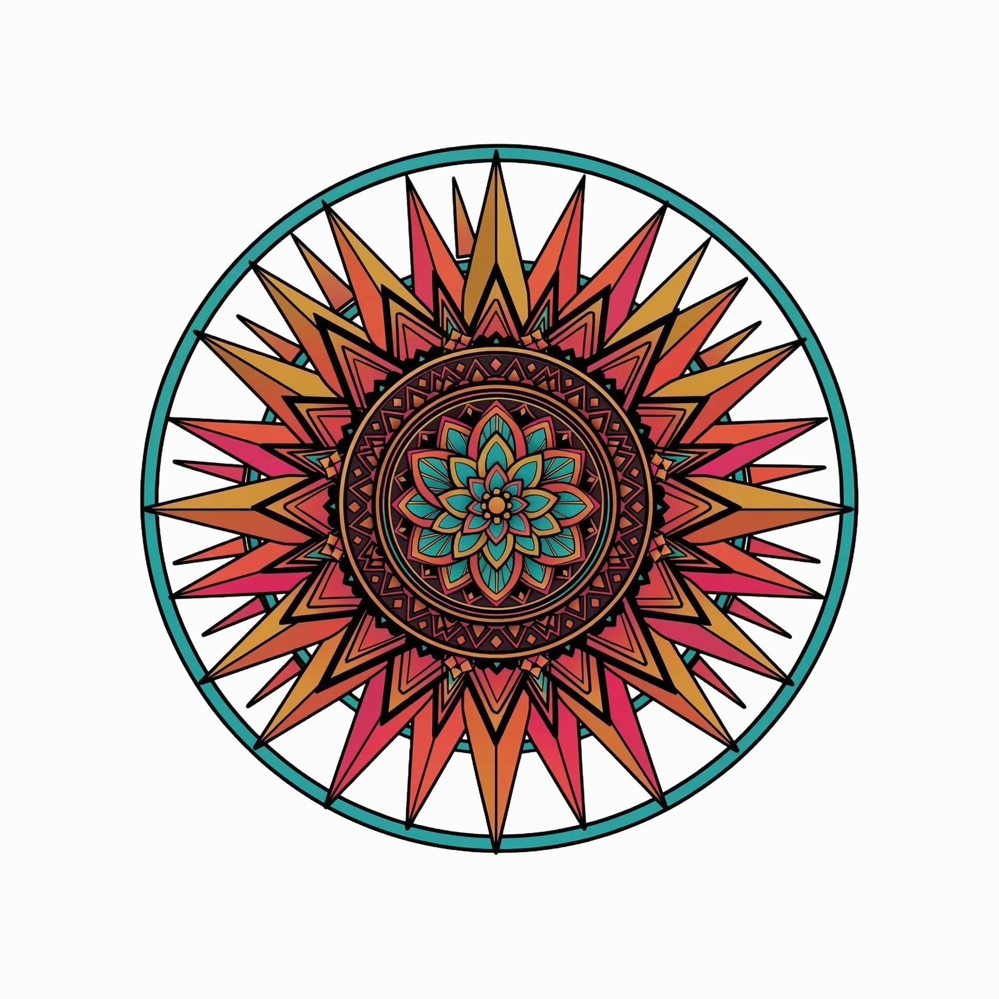 Close-up of the Sunset Mandala design on a Solid White Blend tee