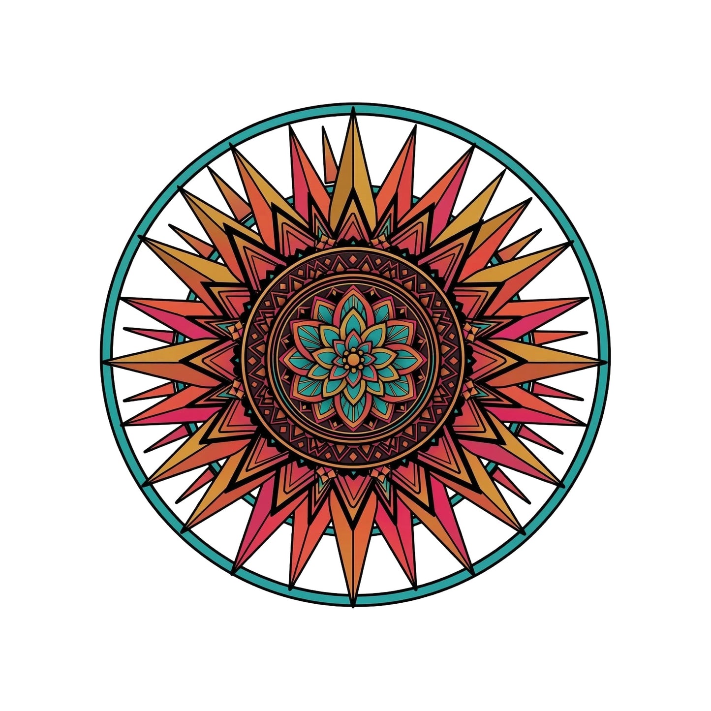 Close-up of the Teal Ring Sunset Mandala design on a White tee