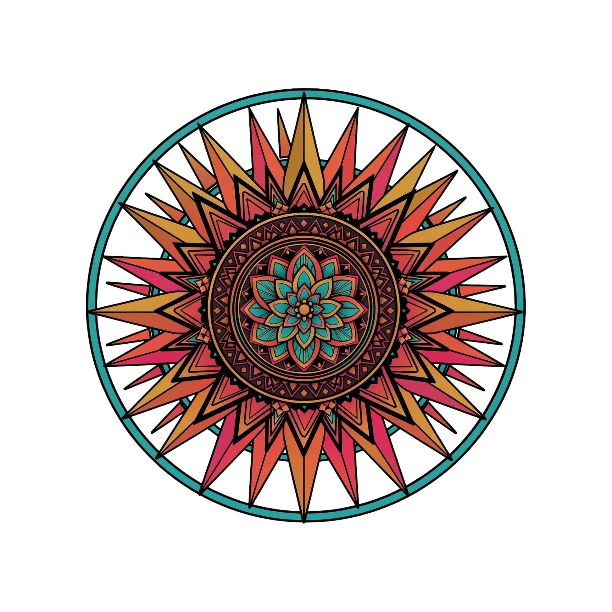 Close-up of the Teal Ring Sunset Mandala design on a White tee