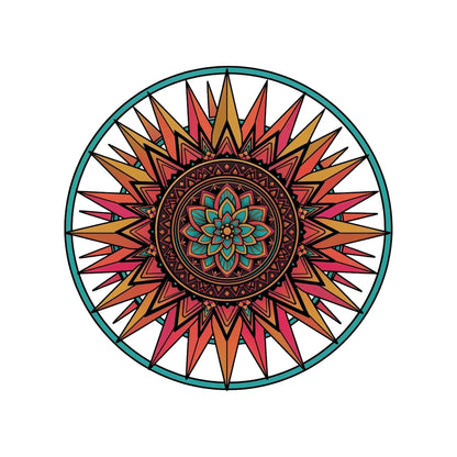 Close-up of the Teal Ring Sunset Mandala design on a White tee