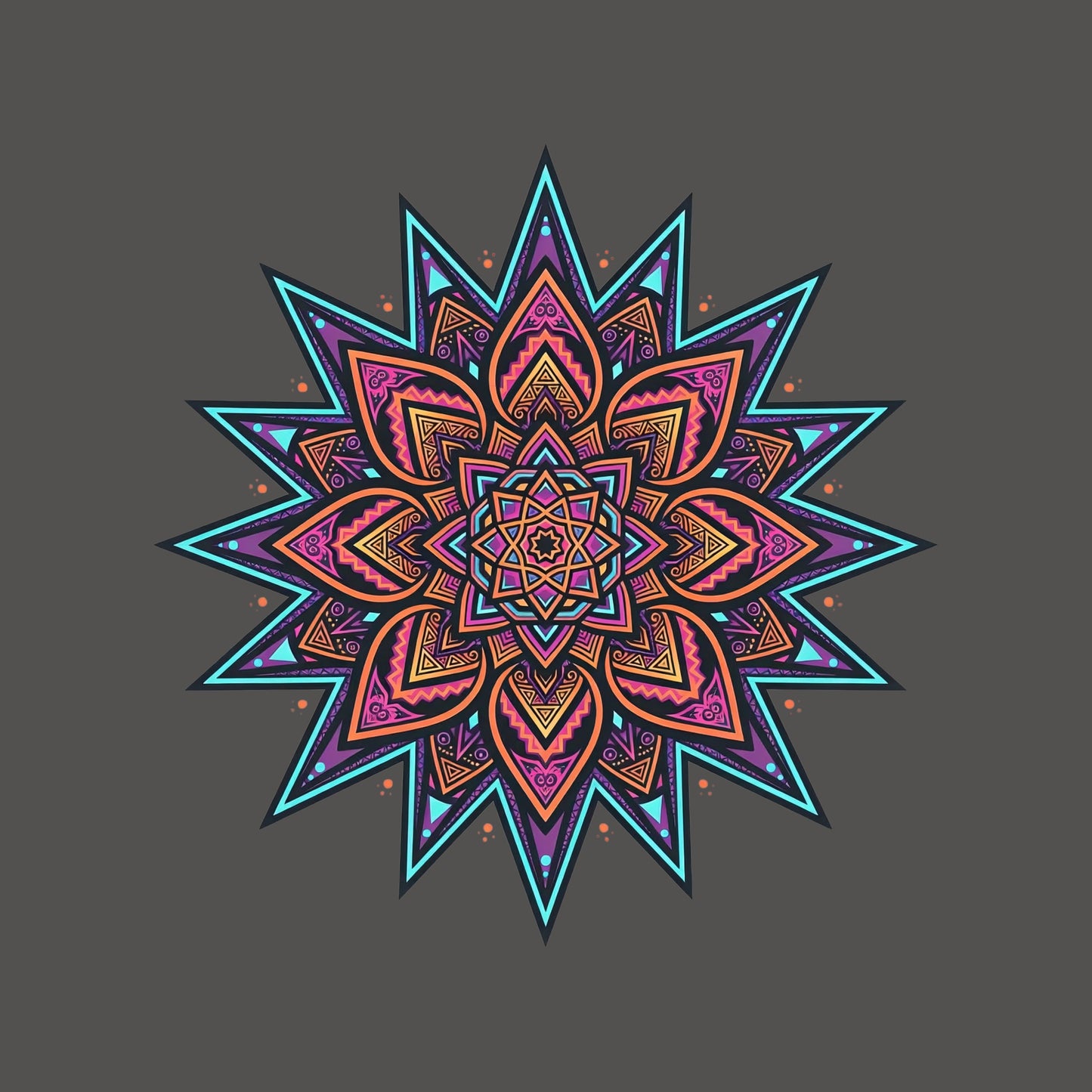 Close-up of the Neon Burst Mandala design on an Asphalt tee