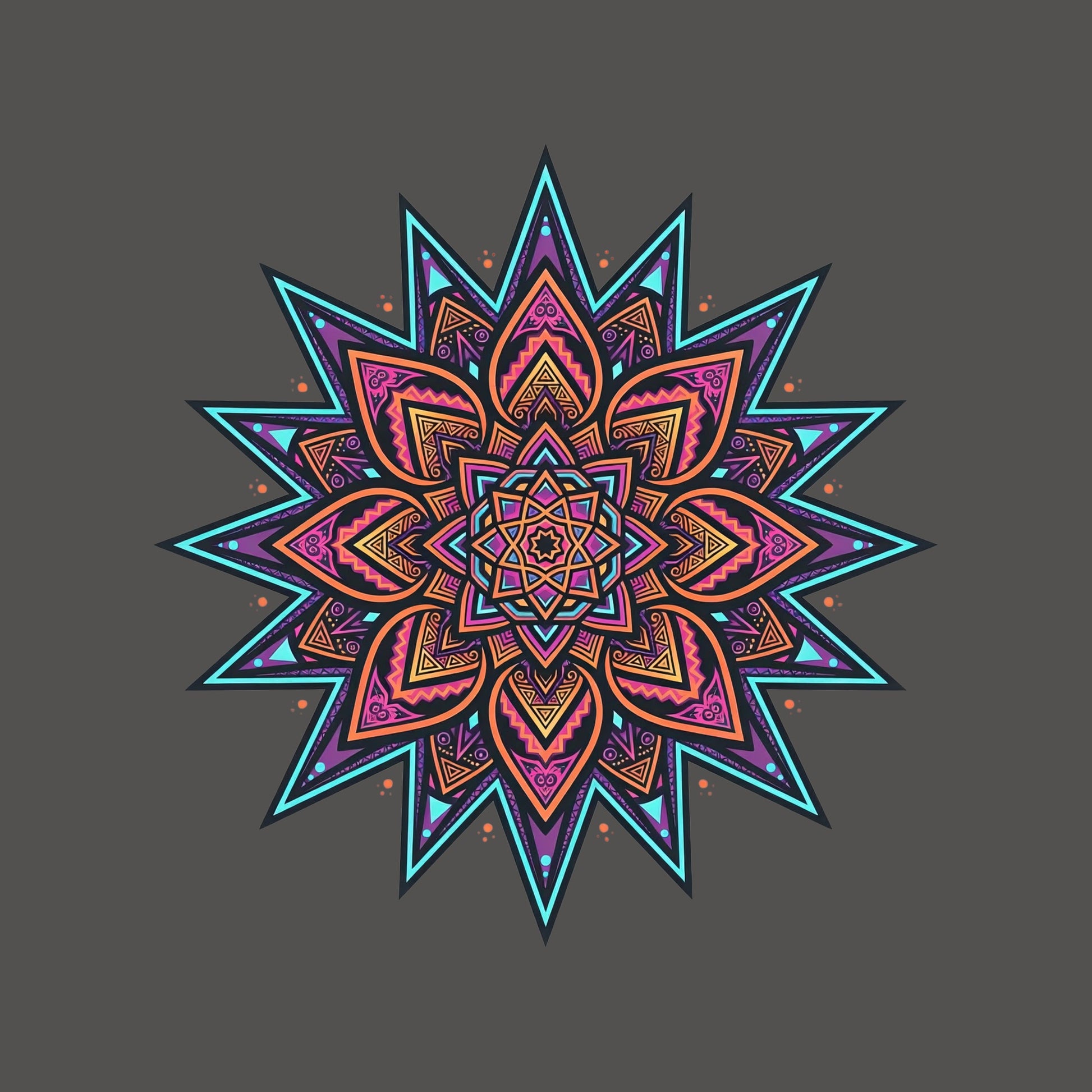 Close-up of the Neon Burst Mandala design on an Asphalt tee