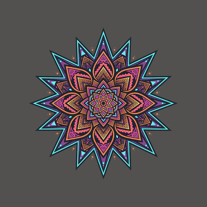 Close-up of the Neon Burst Mandala design on an Asphalt tee