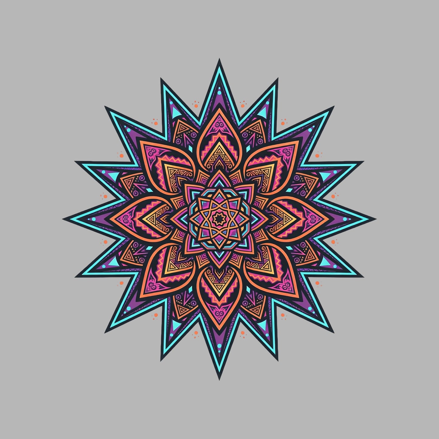 Close-up of the Neon Mandala Star design on an Athletic Heather tee