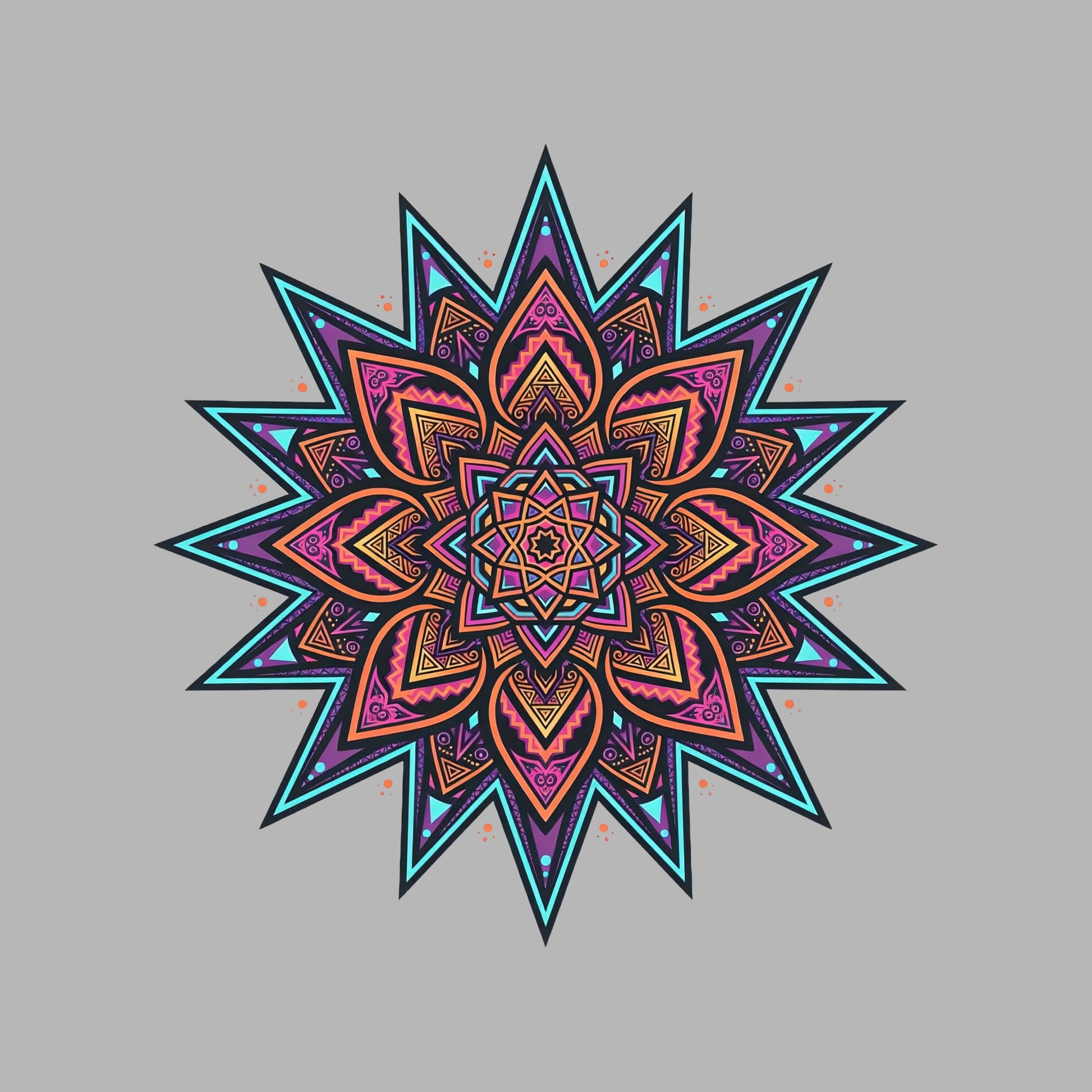 Close-up of the Neon Mandala Star design on an Athletic Heather tee