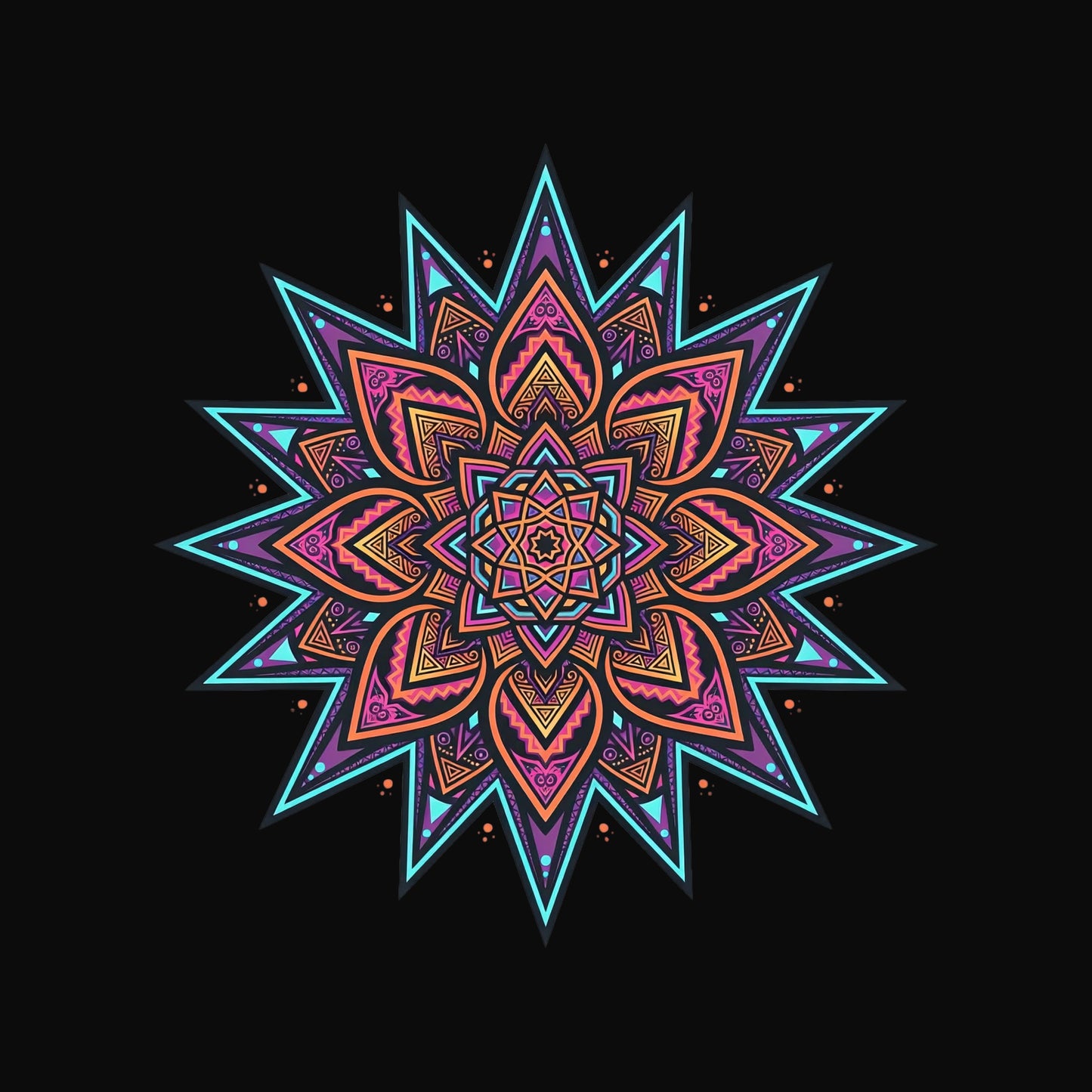 Close-up of the Neon Burst Mandala design on a Black tee