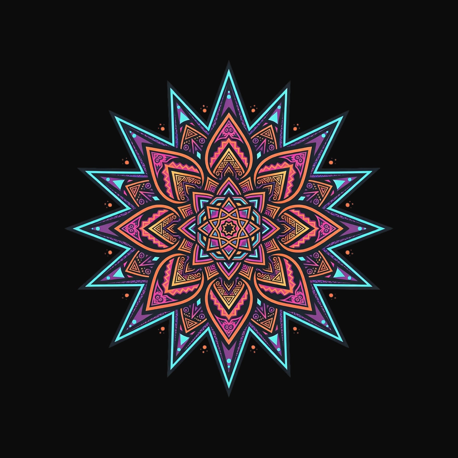 Close-up of the Neon Burst Mandala design on a Black tee