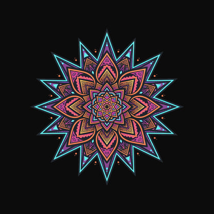Close-up of the Neon Burst Mandala design on a Black tee
