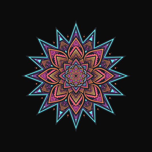 Close-up of the Neon Burst Mandala design on a Black tee