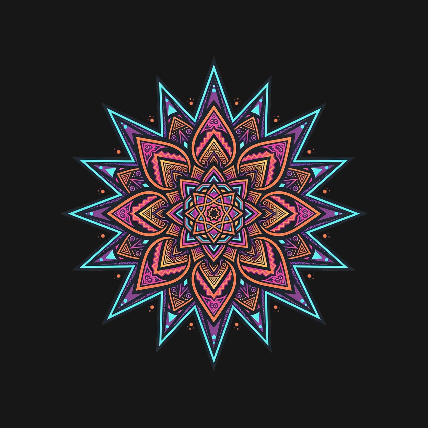 Close-up of the Neon Mandala Star design on a Black tee