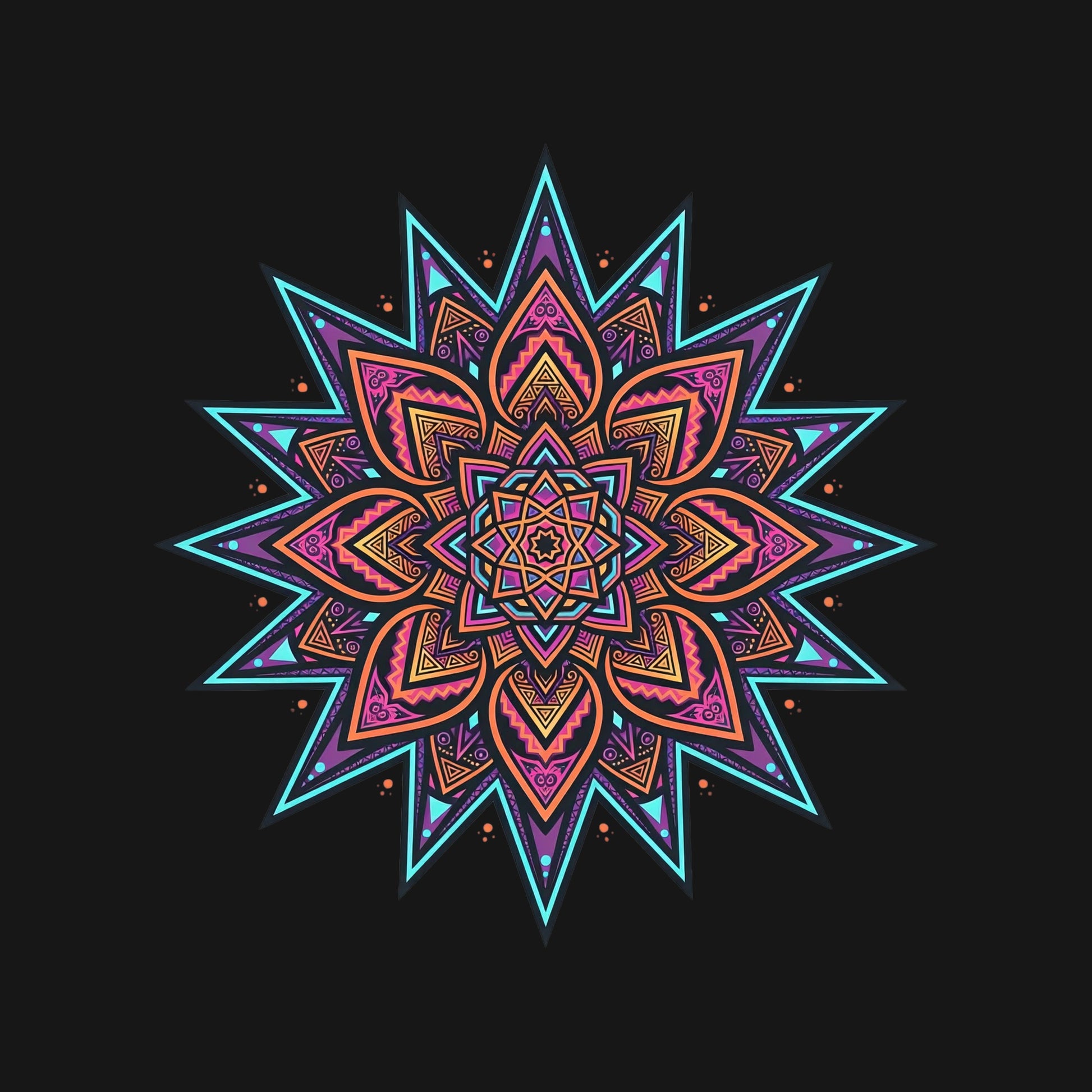 Close-up of the Neon Mandala Star design on a Black tee