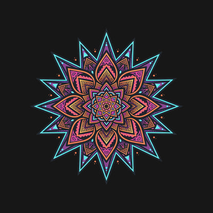 Close-up of the Neon Mandala Star design on a Black tee