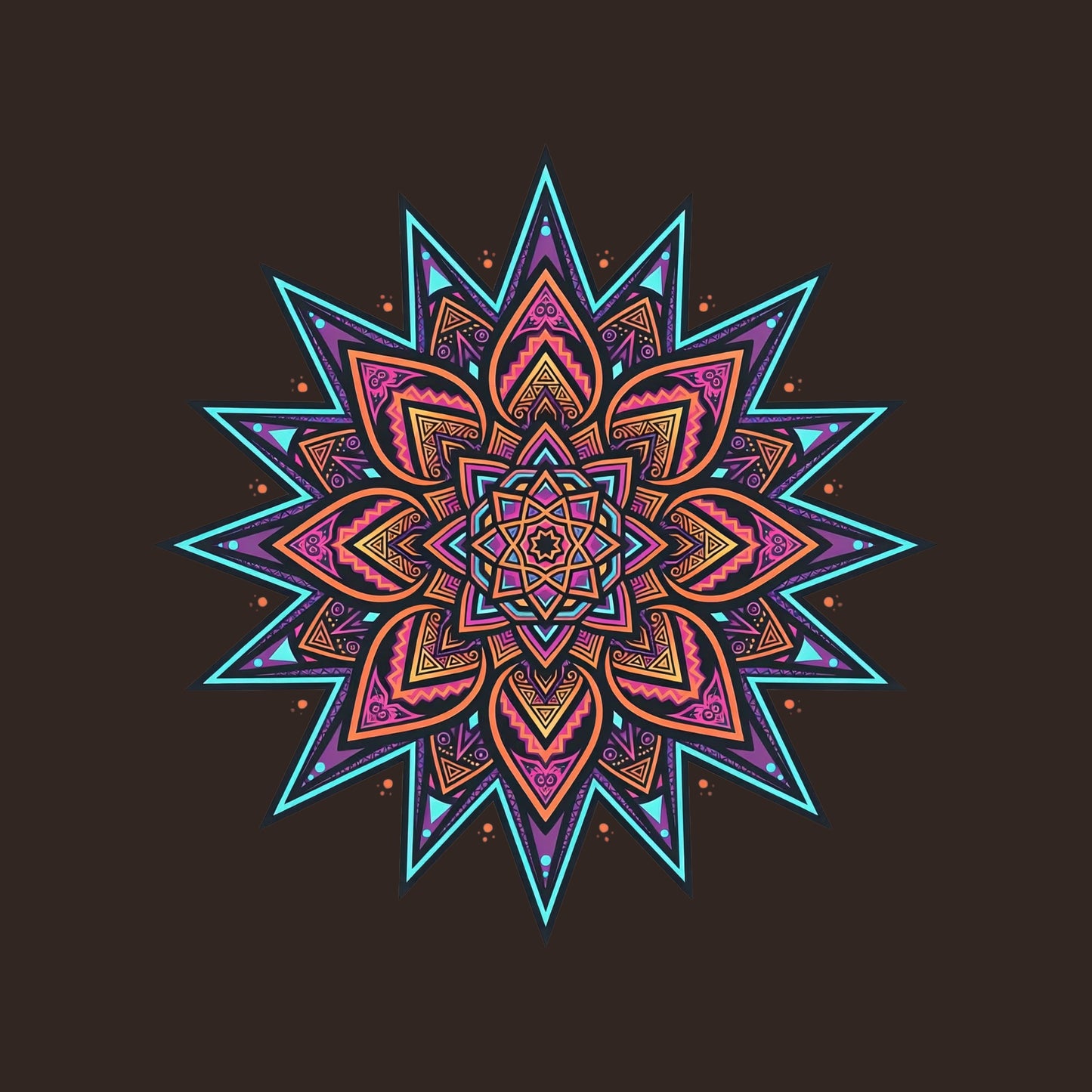 Close-up of the Neon Burst Mandala design on a Brown tee