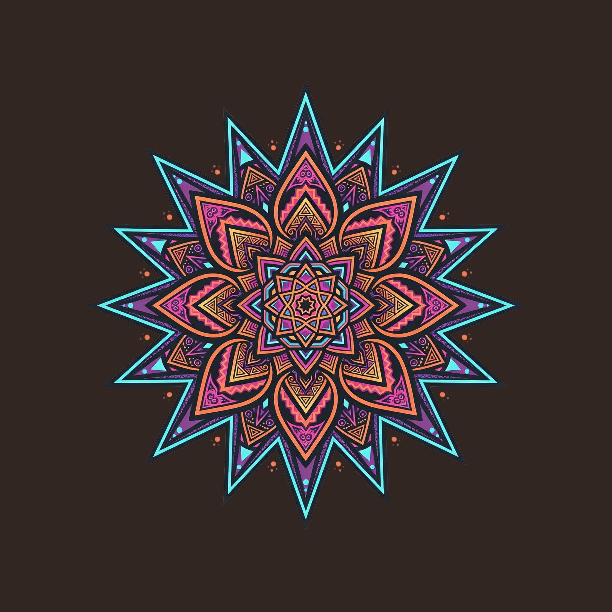Close-up of the Neon Burst Mandala design on a Brown tee