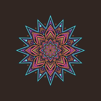 Close-up of the Neon Burst Mandala design on a Brown tee
