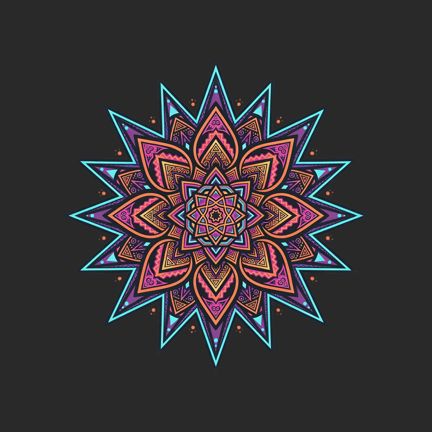 Close-up of the Neon Burst Mandala design on a Dark Grey tee