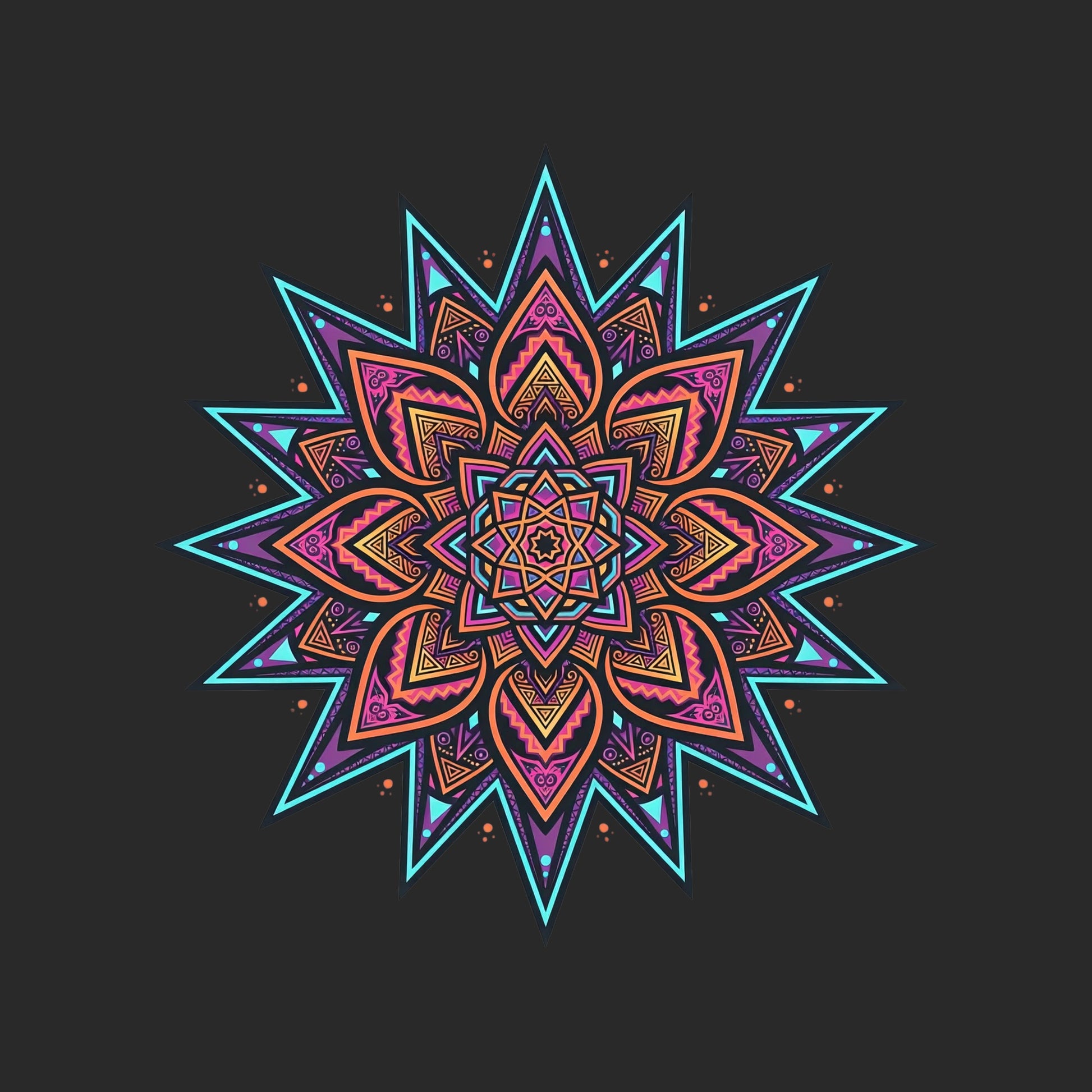 Close-up of the Neon Burst Mandala design on a Dark Grey tee