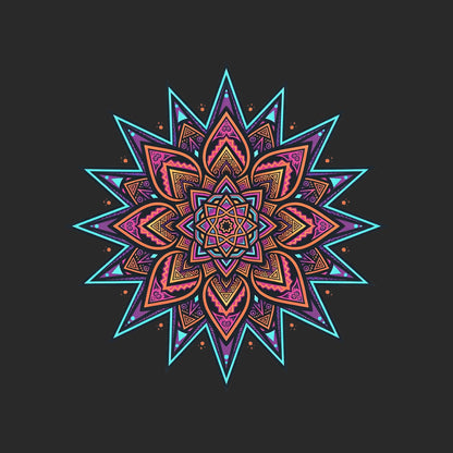 Close-up of the Neon Burst Mandala design on a Dark Grey tee
