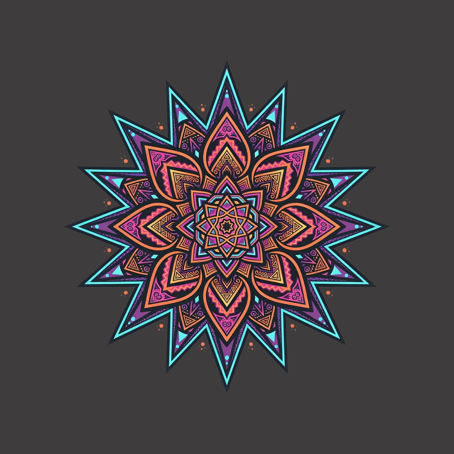 Close-up of the Neon Burst Mandala design on a Dark Grey Heather tee