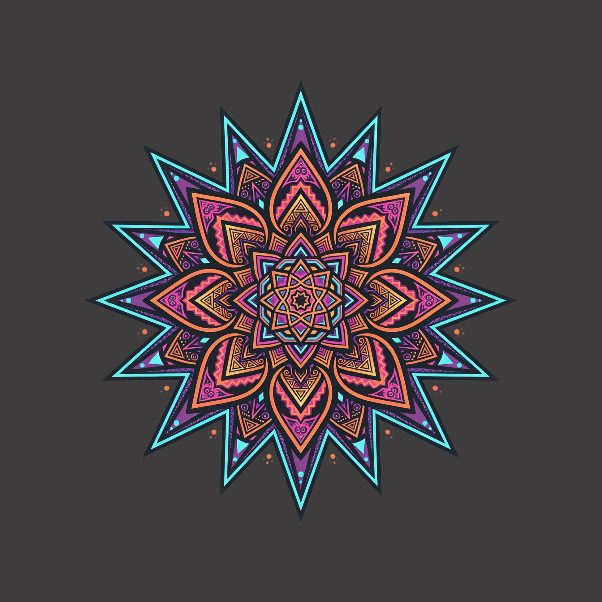 Close-up of the Neon Burst Mandala design on a Dark Grey Heather tee