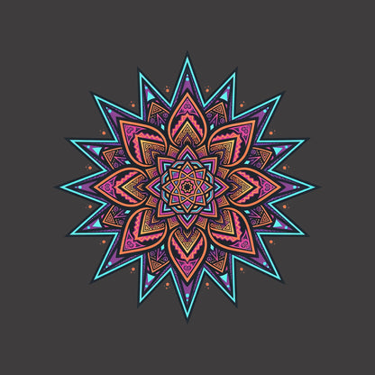 Close-up of the Neon Burst Mandala design on a Dark Grey Heather tee