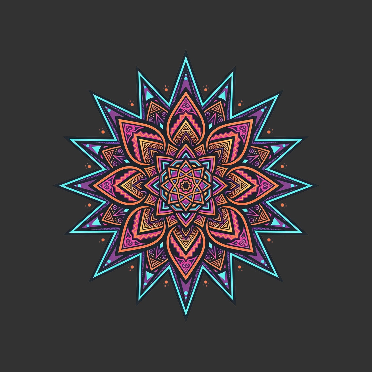 Close-up of the Neon Mandala Star design on a Dark Grey Heather tee