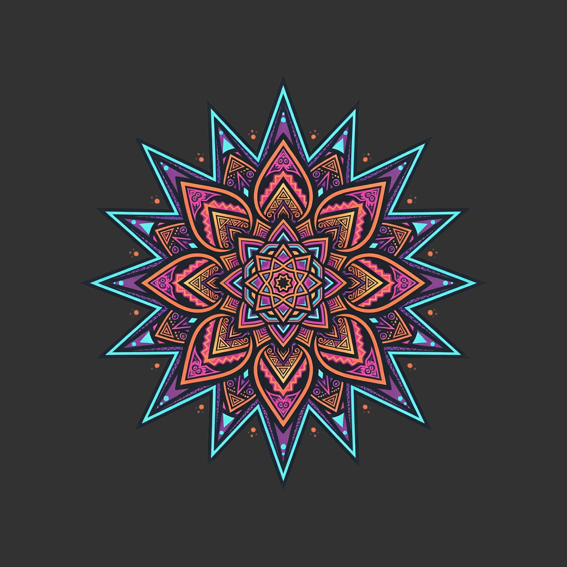 Close-up of the Neon Mandala Star design on a Dark Grey Heather tee