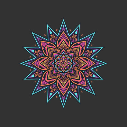 Close-up of the Neon Mandala Star design on a Dark Grey Heather tee