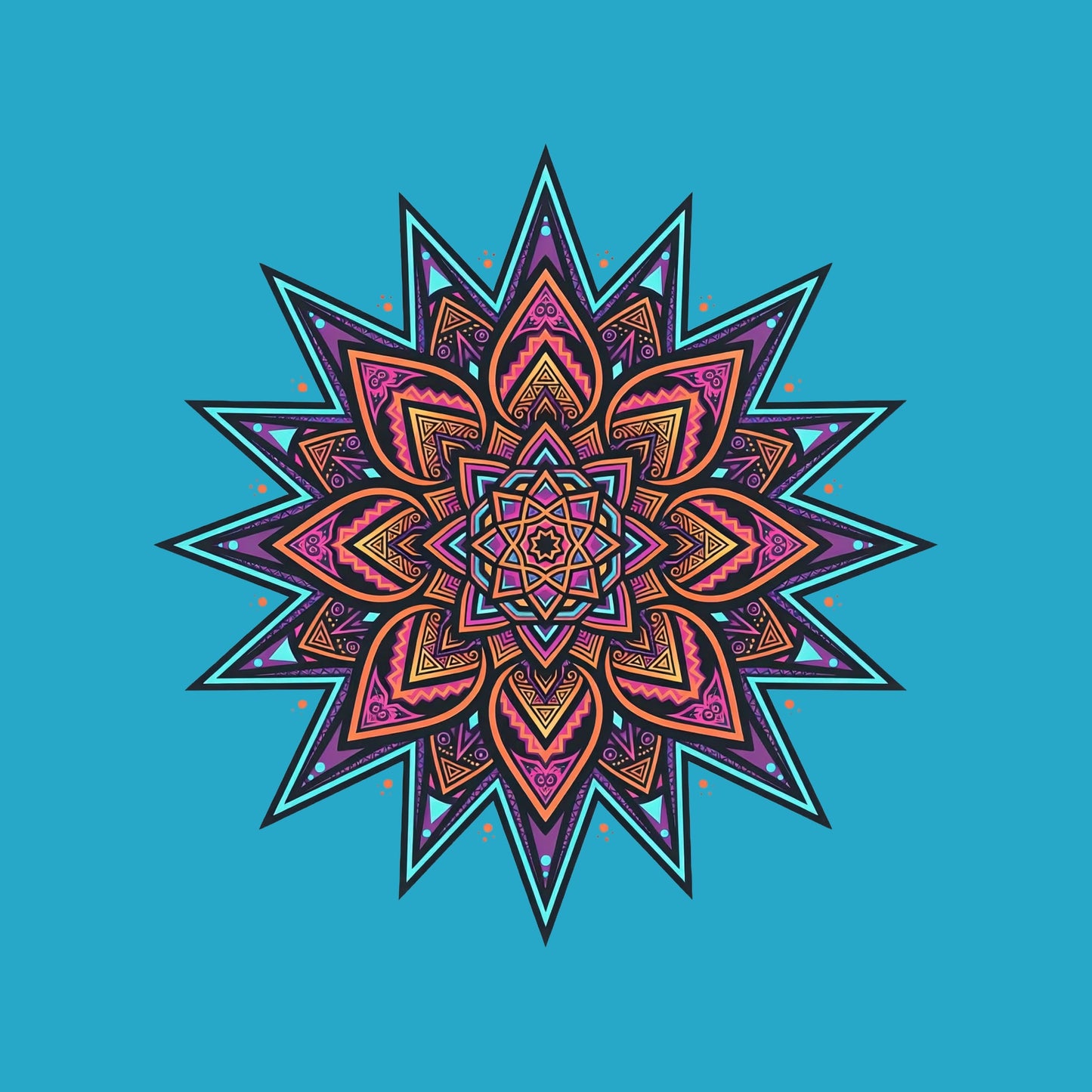 Close-up of the Neon Burst Mandala design on a Heather Aqua tee