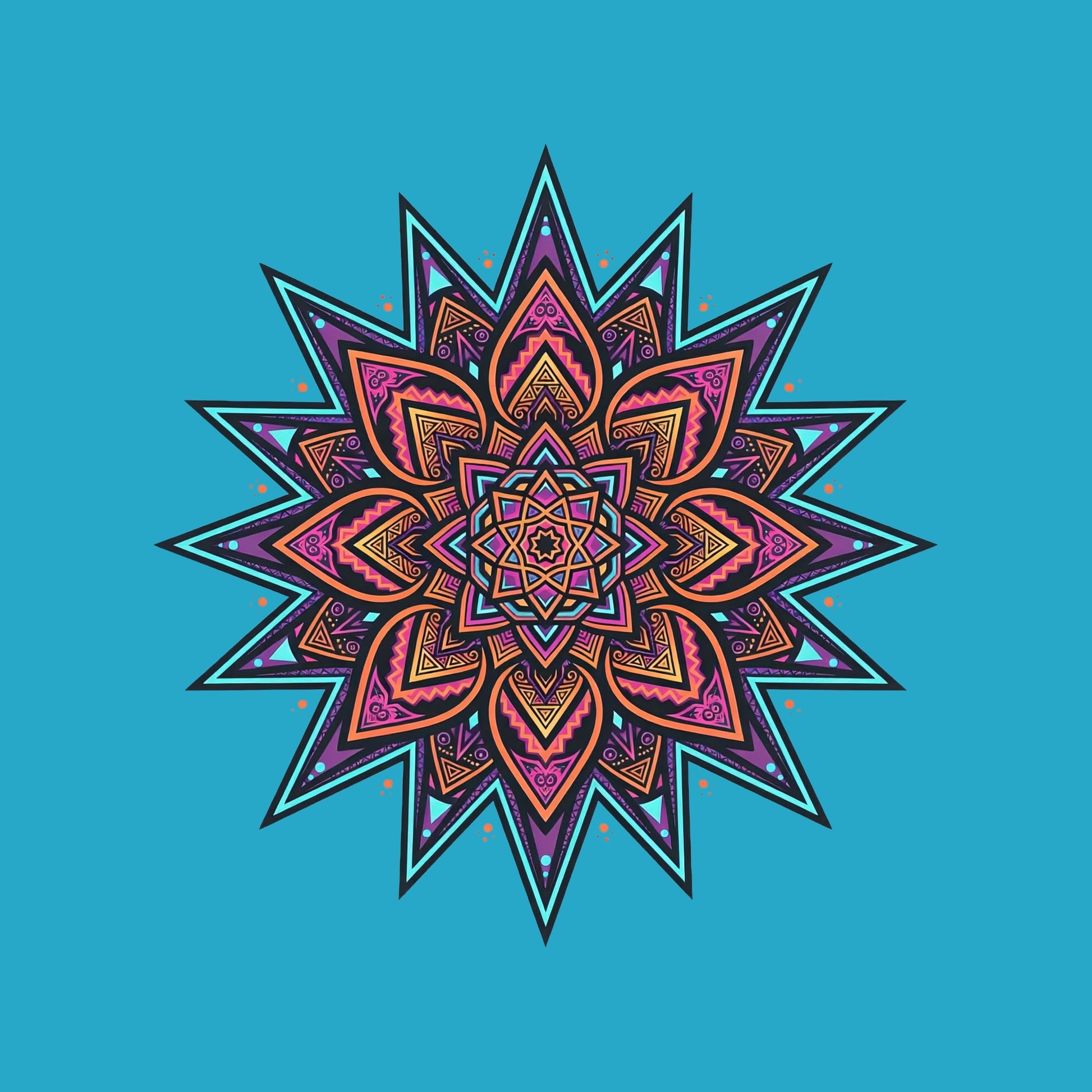Close-up of the Neon Burst Mandala design on a Heather Aqua tee