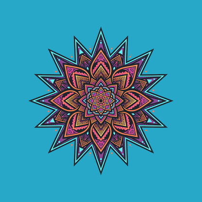 Close-up of the Neon Burst Mandala design on a Heather Aqua tee