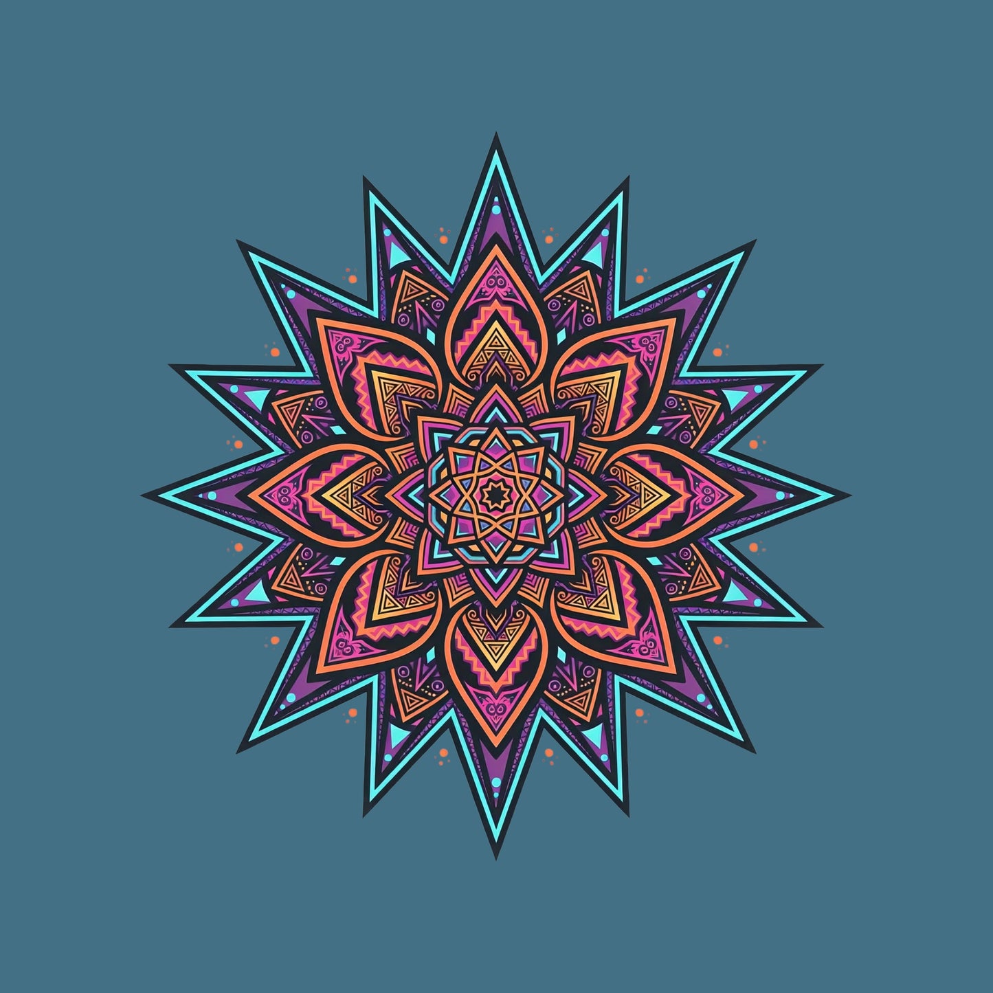 Close-up of the Neon Burst Mandala design on a Heather Deep Teal tee