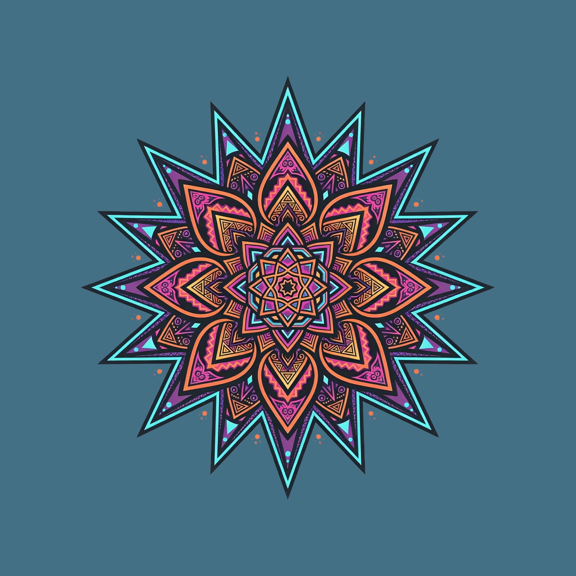 Close-up of the Neon Burst Mandala design on a Heather Deep Teal tee