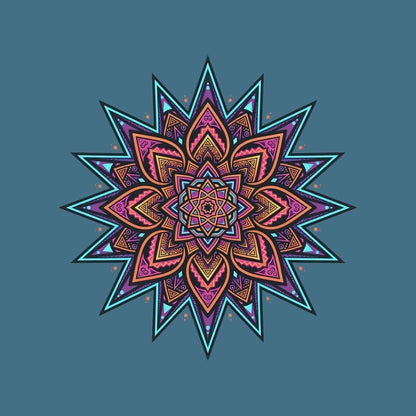 Close-up of the Neon Burst Mandala design on a Heather Deep Teal tee