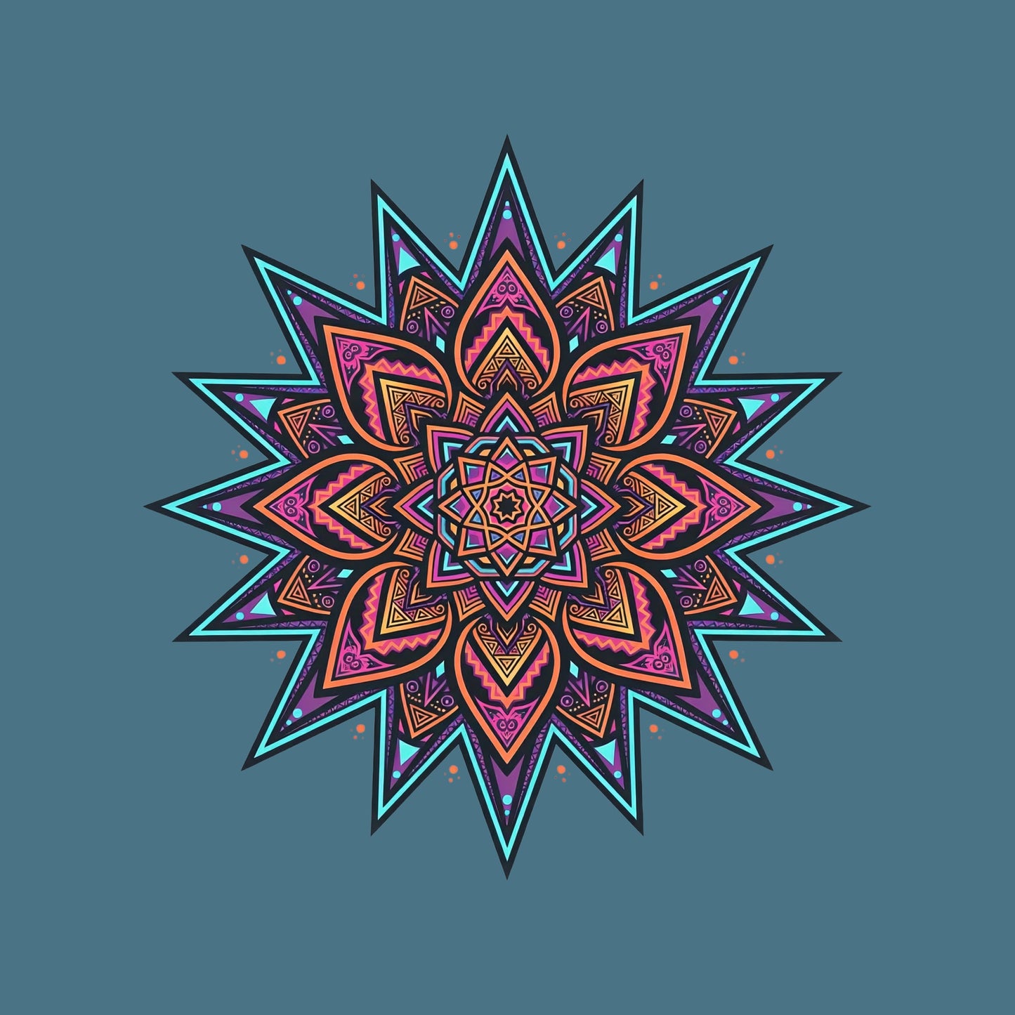 Close-up of the Neon Mandala Star design on a Heather Deep Teal tee